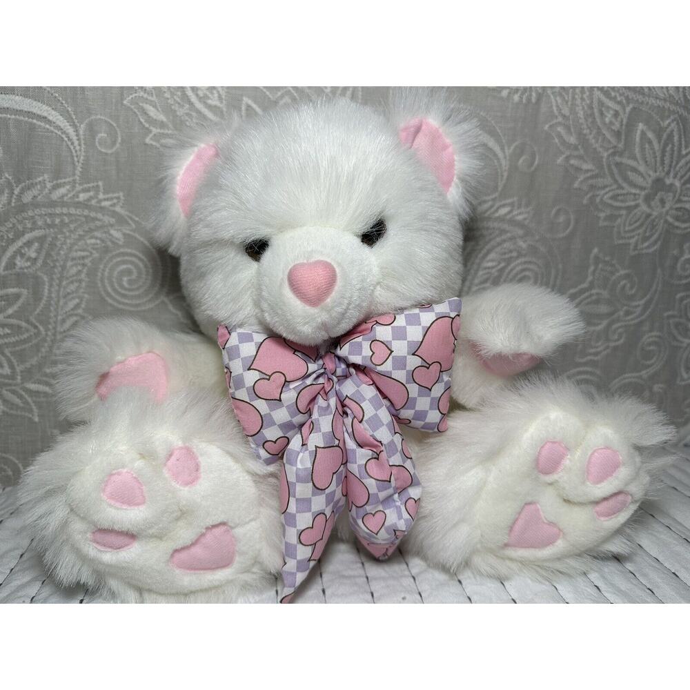 Vintage Teddy Bear White Plush Big Bow Purple Check Heart Nose Joelson 1996